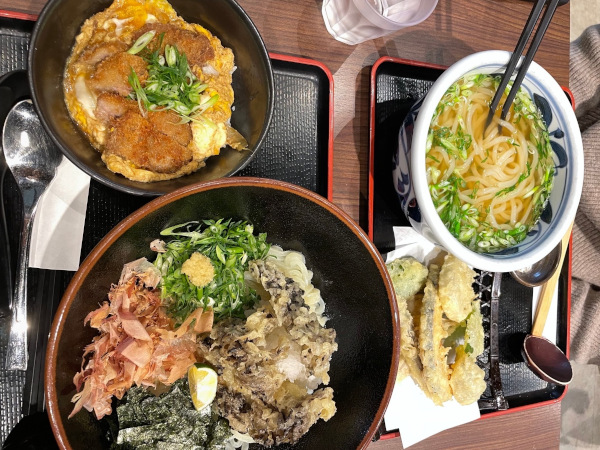 manda udon at yakuin, fukuoka: udon with tempura, soupless udon, katsudon